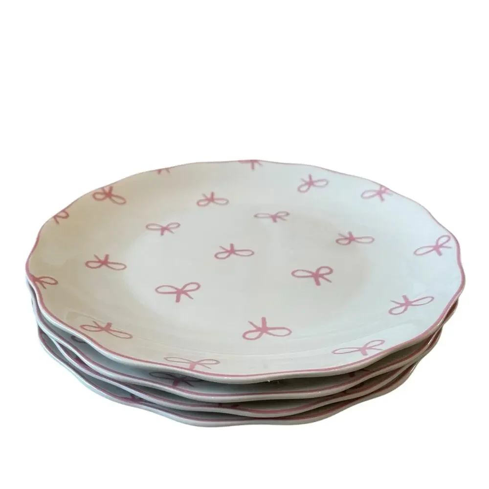GODINGER Pink Bow 8in Salad Plates Set of 4 NEW
